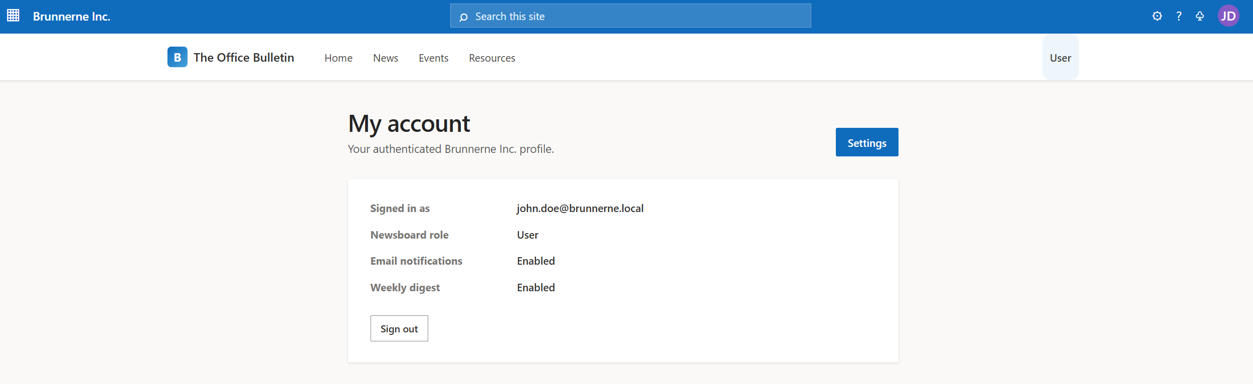 Normal session showing the User role before token forgery
