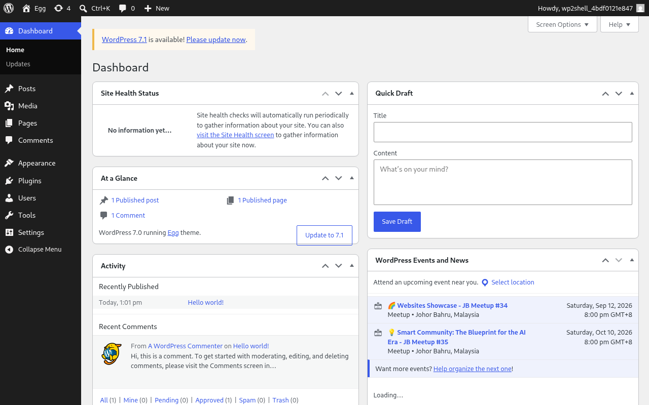 The WordPress dashboard after creating the temporary administrator